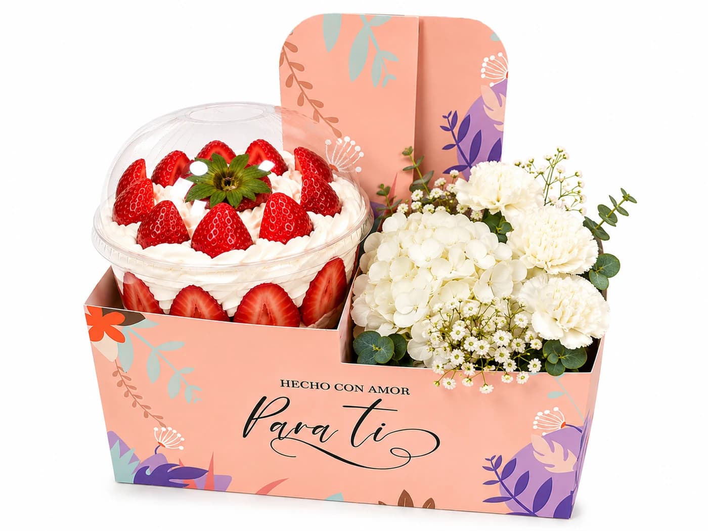 Caja “Para ti” con vaso de fresas con crema y brownie junto a un arreglo de flores blancas