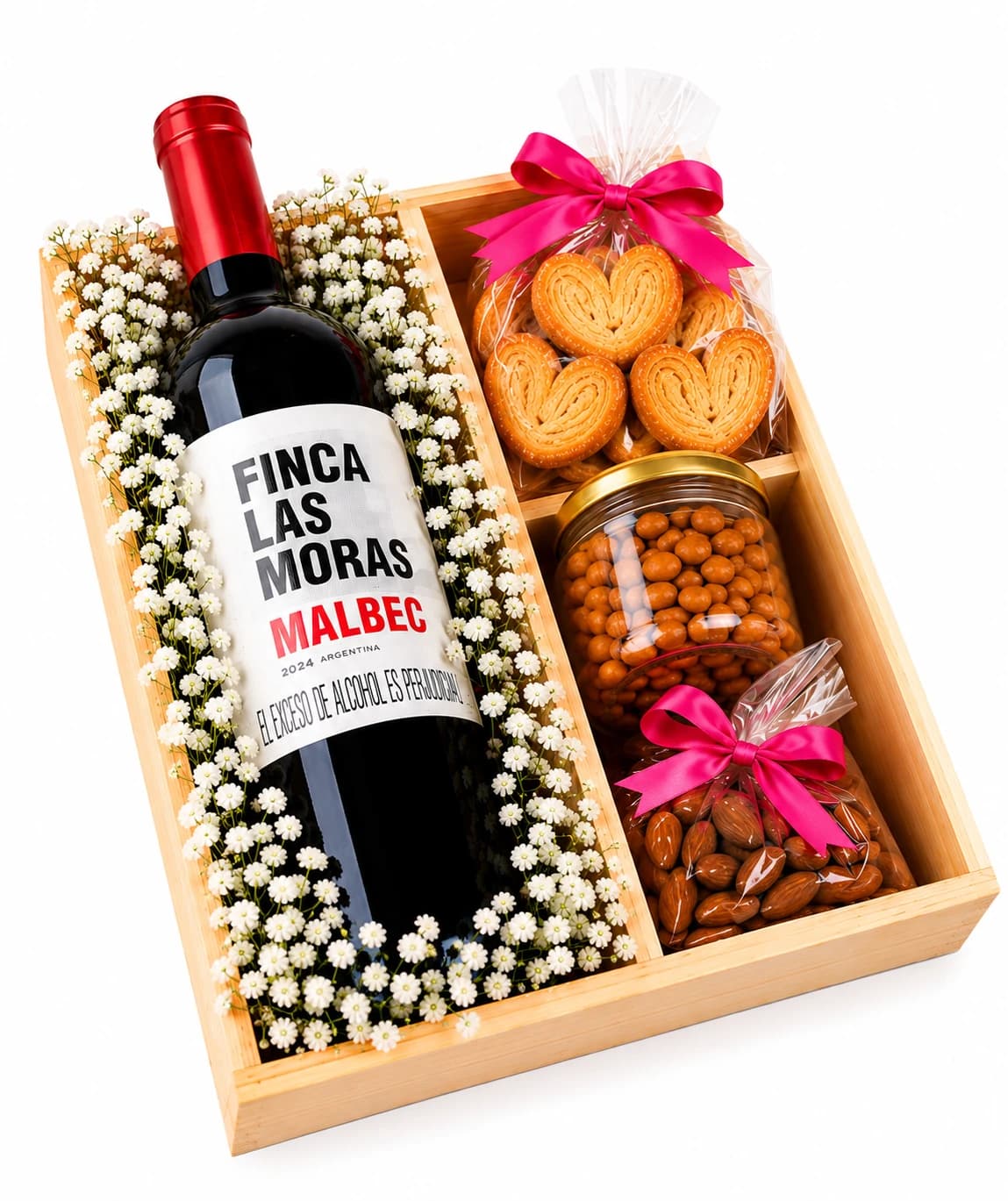 Caja de madera con vino tinto Finca Las Moras, almendras, galletas chip y palmeritas hojaldradas