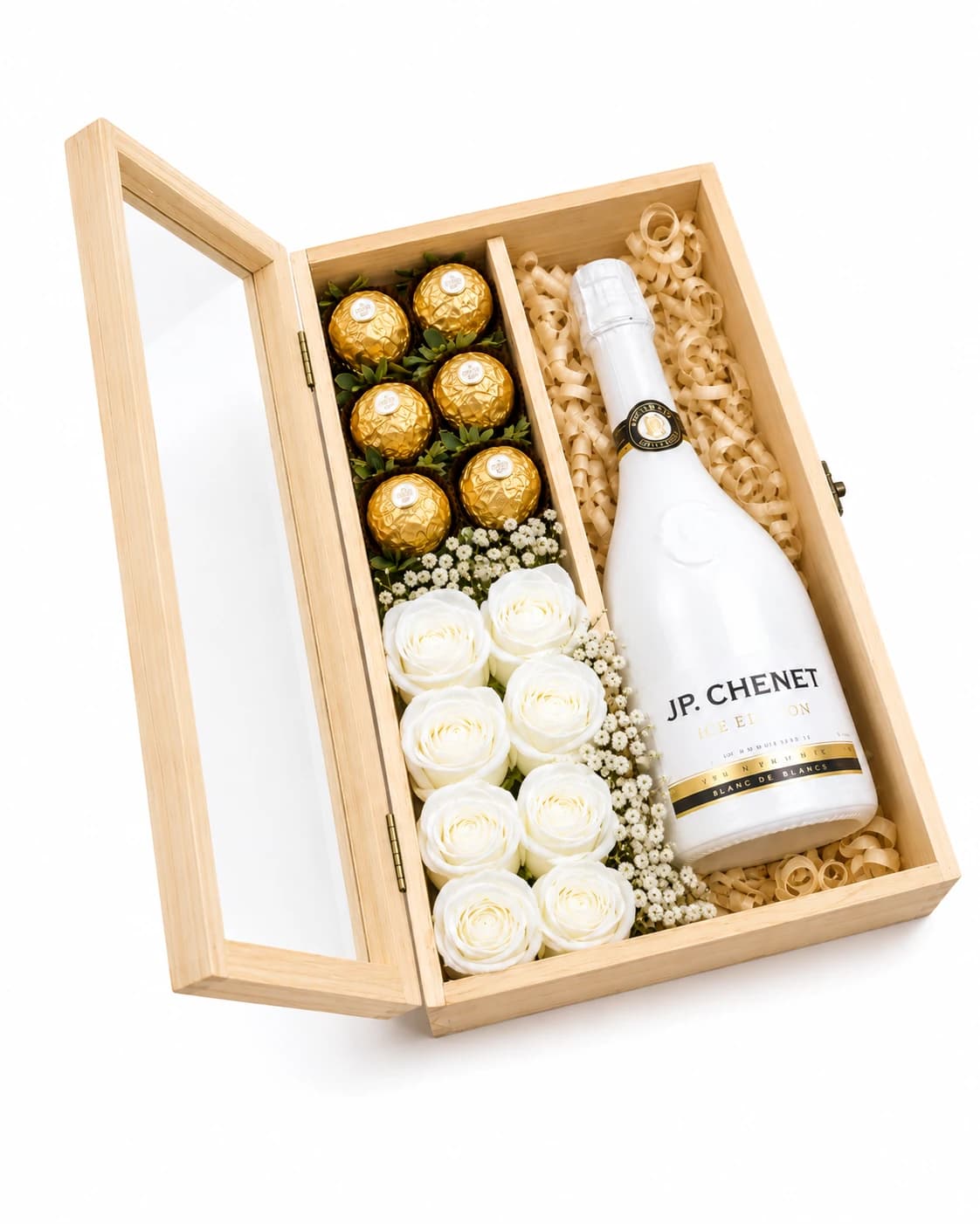 Cofre de madera con champaña JP Chenet, rosas blancas y chocolates Ferrero Rocher