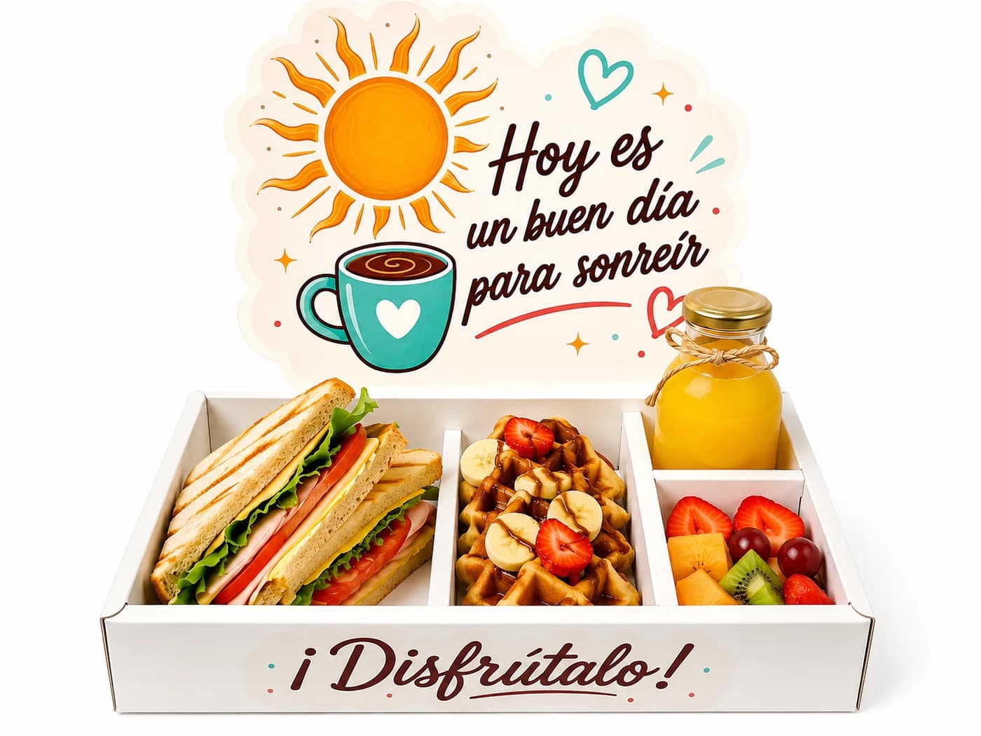 Desayuno Disfrútalo en caja con sánduche, waffles con fresa y banano, porción de fruta y jugo de naranja