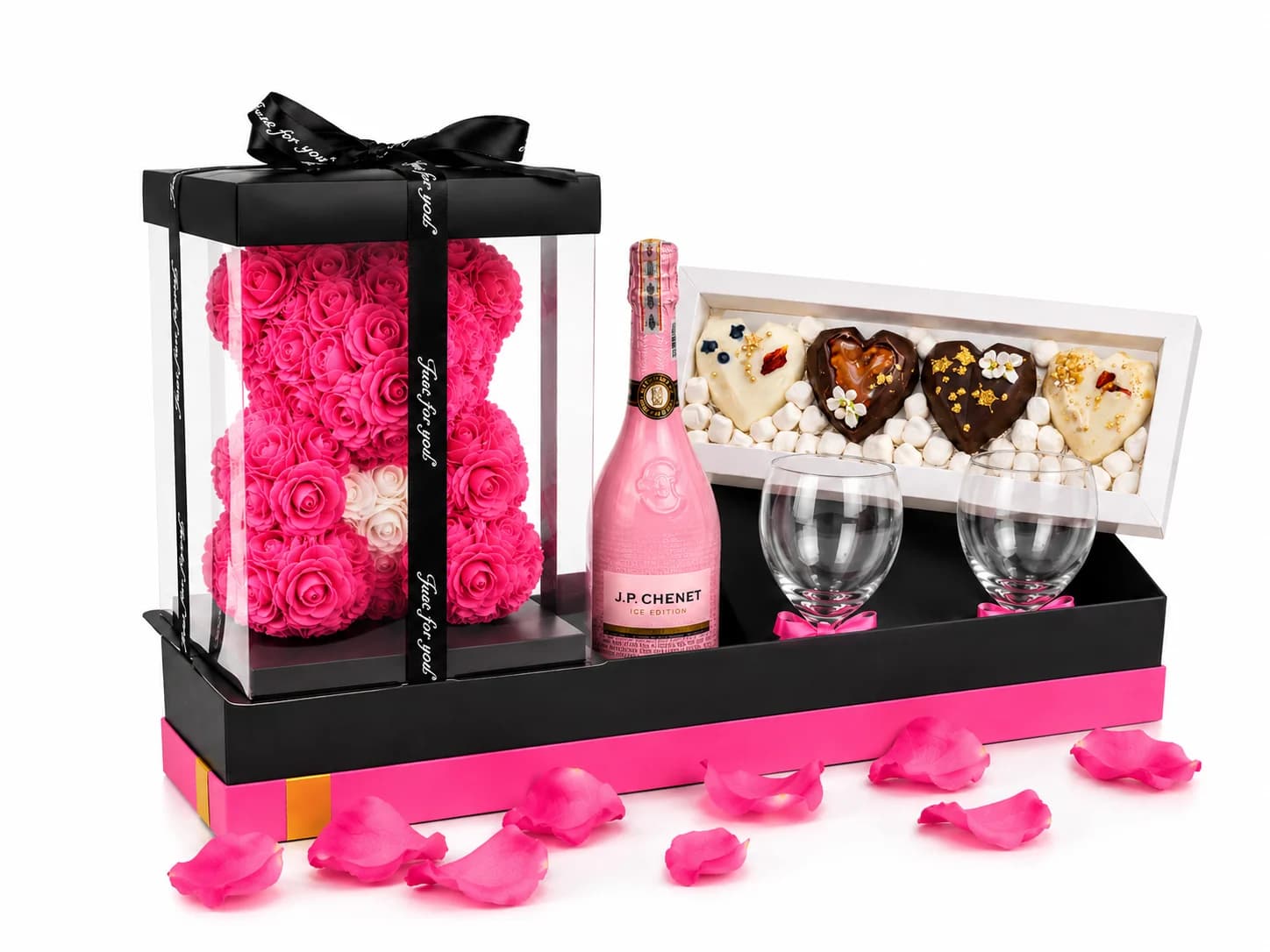 Oso de rosas fucsia con espumoso rosado J.P. Chenet, dos copas y chocolates
