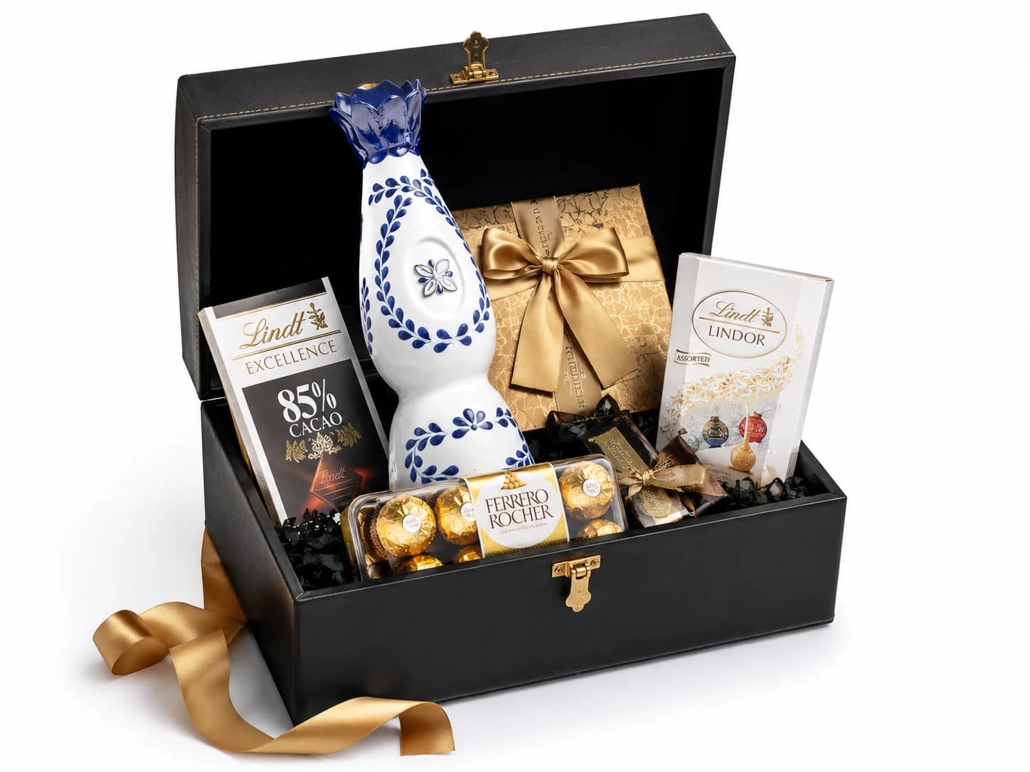 Cofre de madera con tequila Clase Azul Reposado y chocolates finos