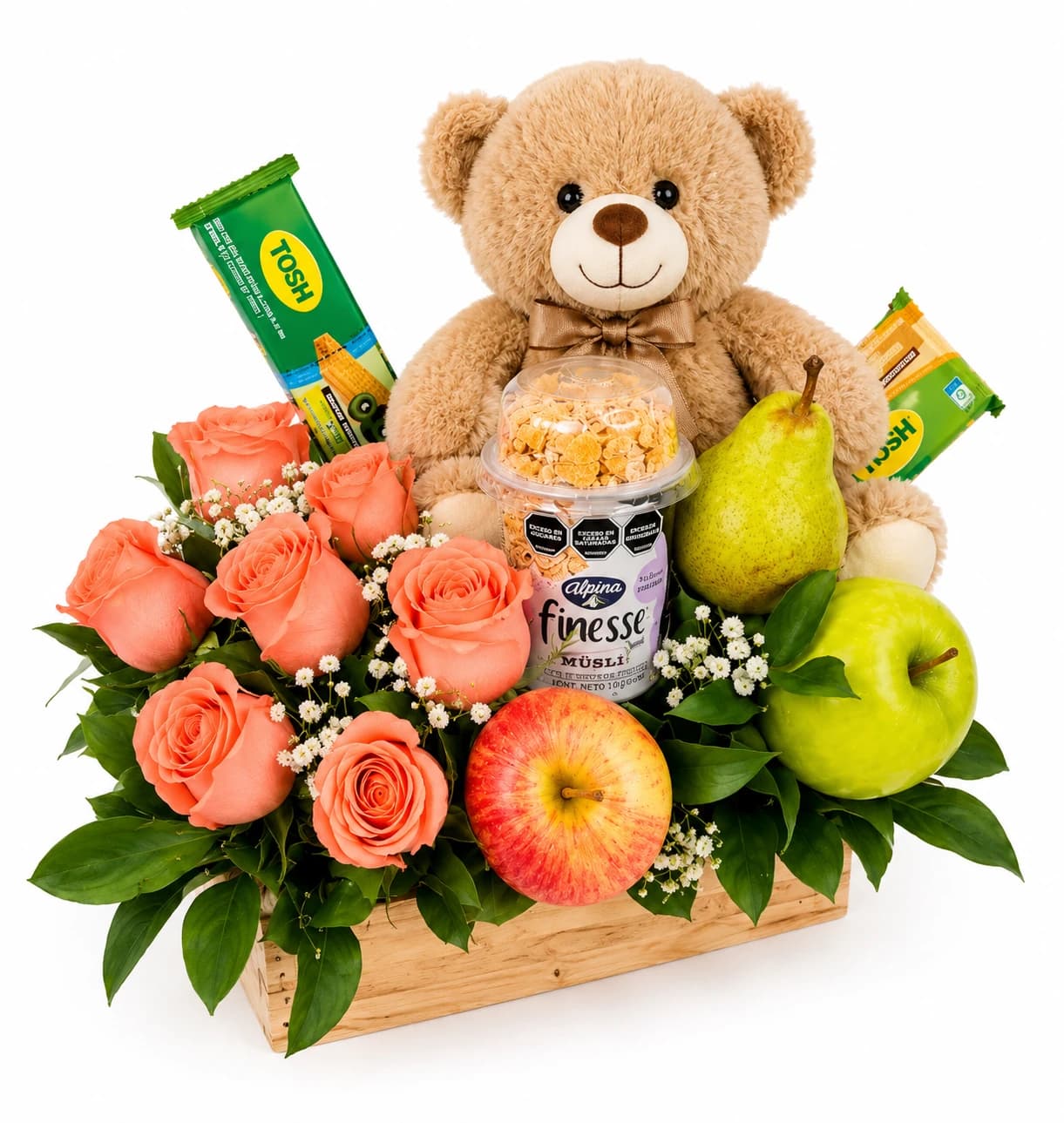 Ancheta en caja de madera con rosas durazno, frutas, cereal, yogurt y oso de peluche