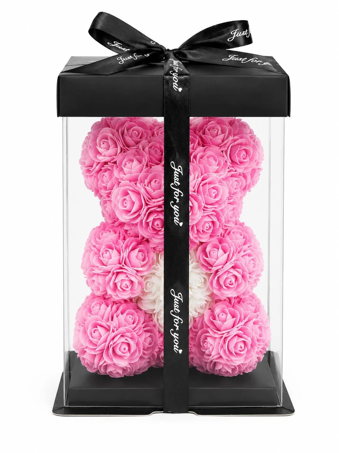 Oso hecho de rosas de foami rosado dentro de caja acrílica con tapa negra y lazo “Just for you”
