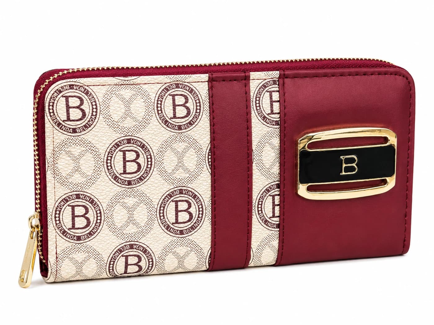 Cartera larga en cuerina color vino tinto con monograma beige y placa dorada con letra B