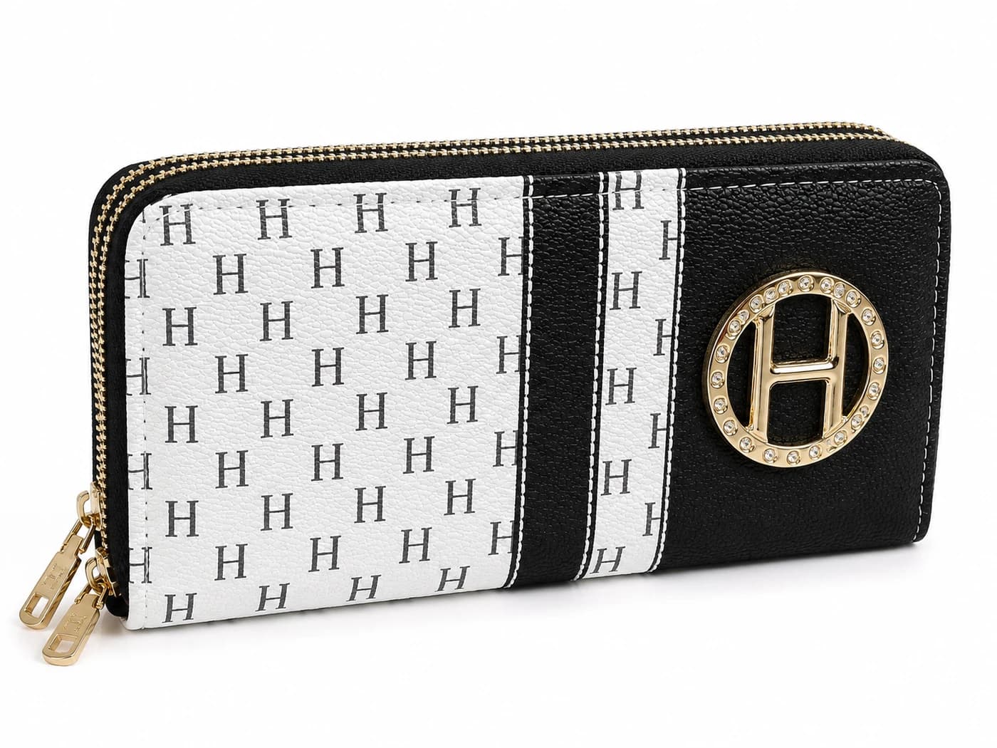 Cartera larga en cuerina negra y blanca con monograma de letras H y broche circular dorado
