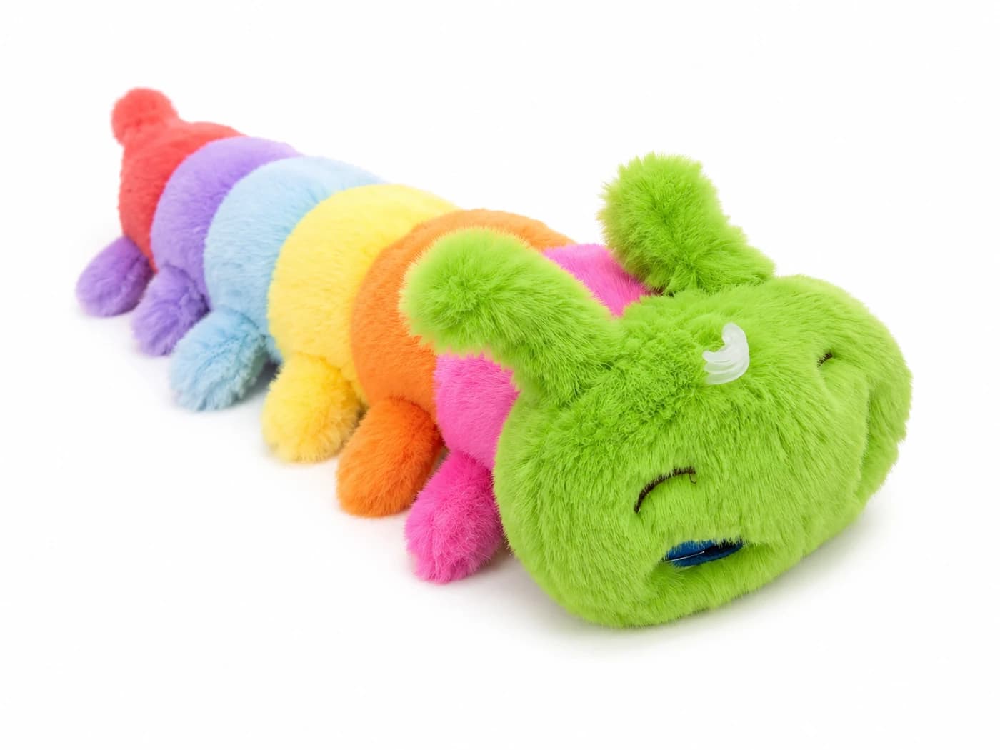 Peluche de ciempiés largo y suave en colores del arcoíris con carita verde