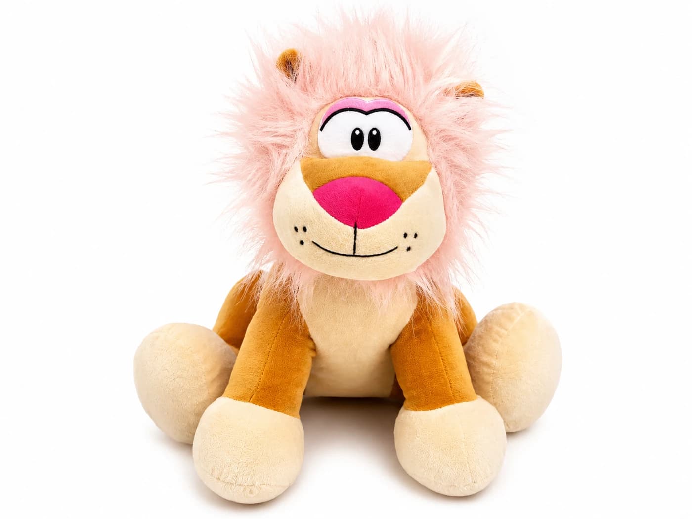 Peluche de león mediano con melena rosada y carita sonriente estilo caricatura