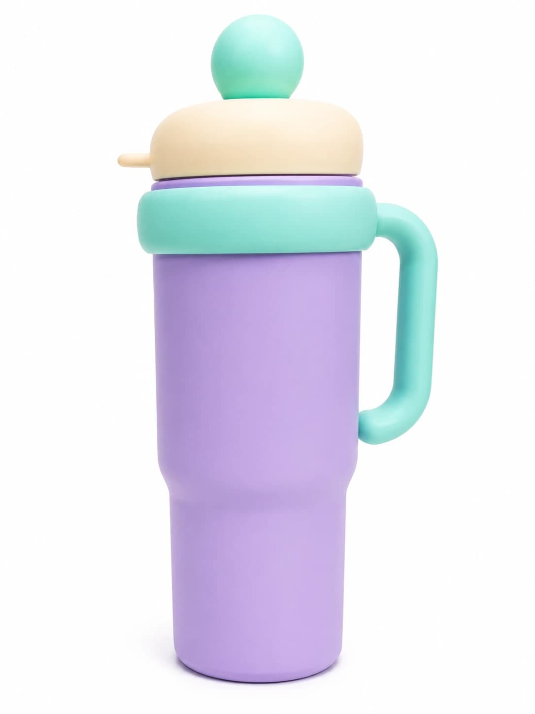 Termo tipo vaso lila con asa y tapa verde menta rematada en esfera