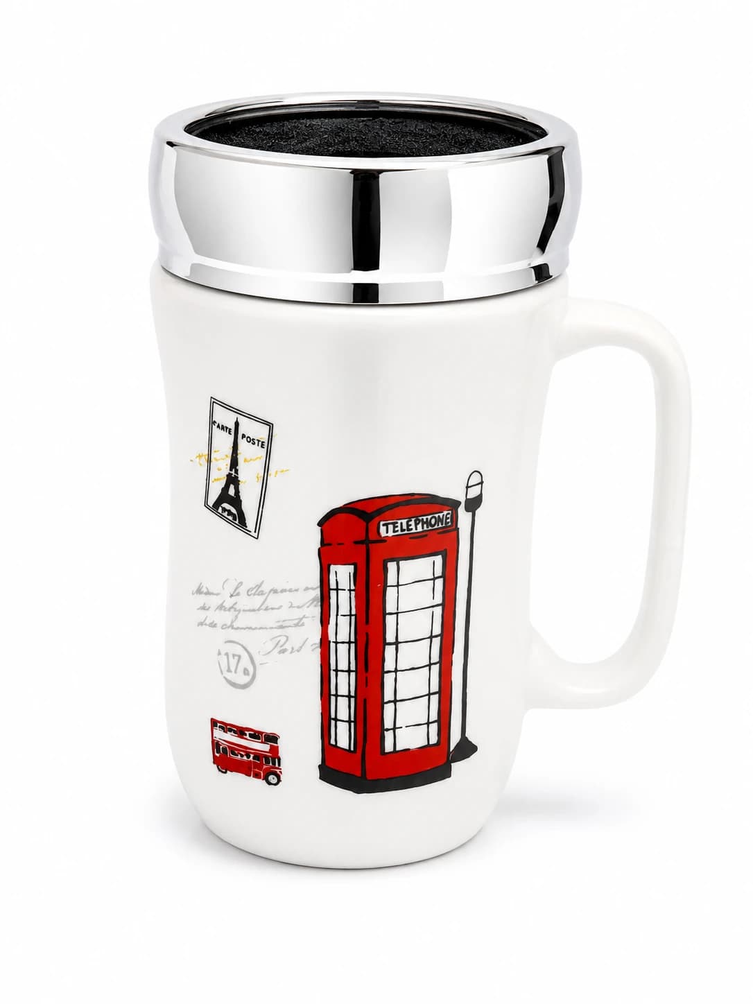 Vaso plástico tipo mug con asa, tapa cromada tipo espejo y estampado de Londres y París
